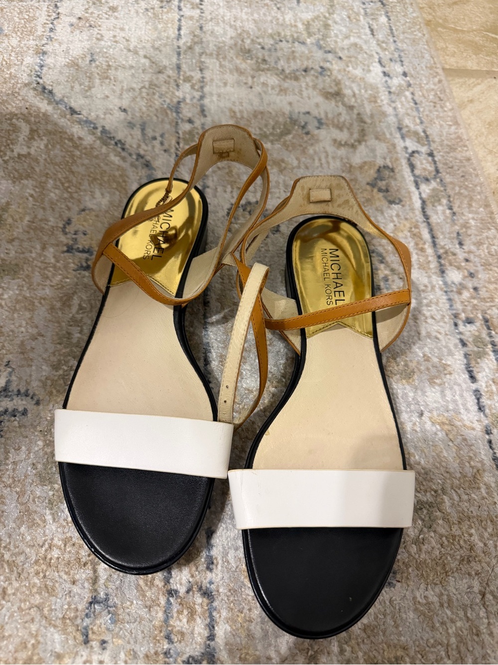 Michael Kors White, Black and Tan Ankle-Strap Sandals